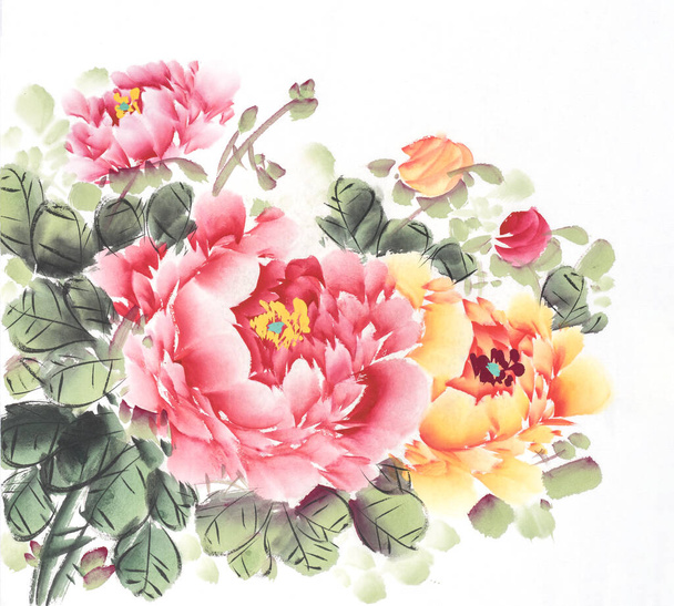牡丹の花の伝統的な中国の水墨画 - 写真・画像