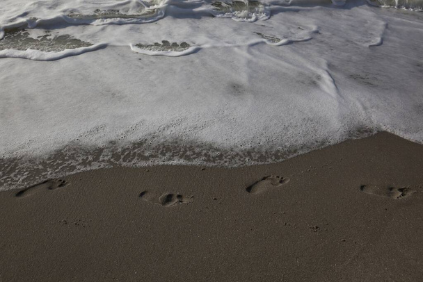 Several footprints in the sand of the beach in front of the water - Photo, image