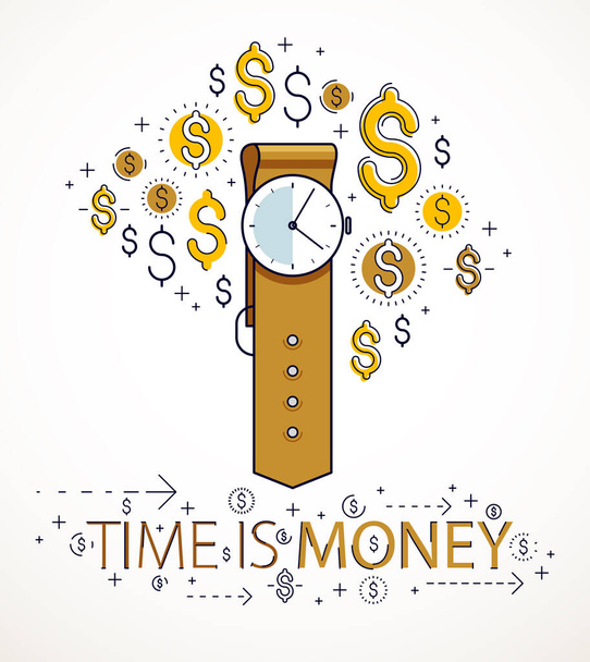Time is money concept, hand watch and dollar icons set, wristwatch timer deadline allegory, vector design. - Vetor, Imagem