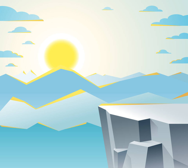 Beautiful mountain landscape with setting sun in the evening, sundown over peak scenic nature vector illustration, tranquil calm image for relaxing. - Вектор, зображення