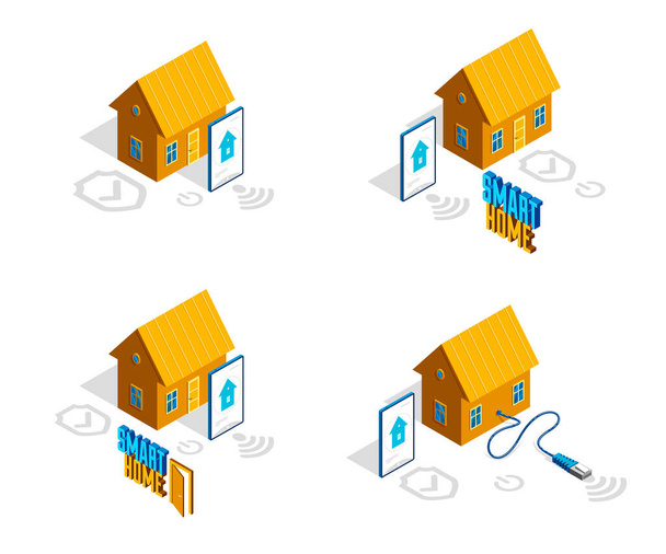 Smart home IOT conceito eletrônica moderna casa vetor ilustrações isométricas conjunto, segurança inteligente, aplicativo distante automatizado tecnologia futura. - Vetor, Imagem