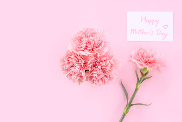 Mother's Day design concept - Pink carnations on a pale pink background with gratitude greeting card and words, top view, flat lay, copy space - Foto, imagen