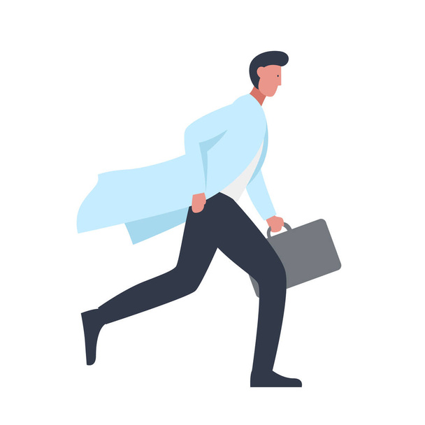 Vector colorful illustration of a character of a male doctor in a medical gown running with a briefcase in his hand. It represents a concept of doctors work, medical protection and health safety - Vector, Image