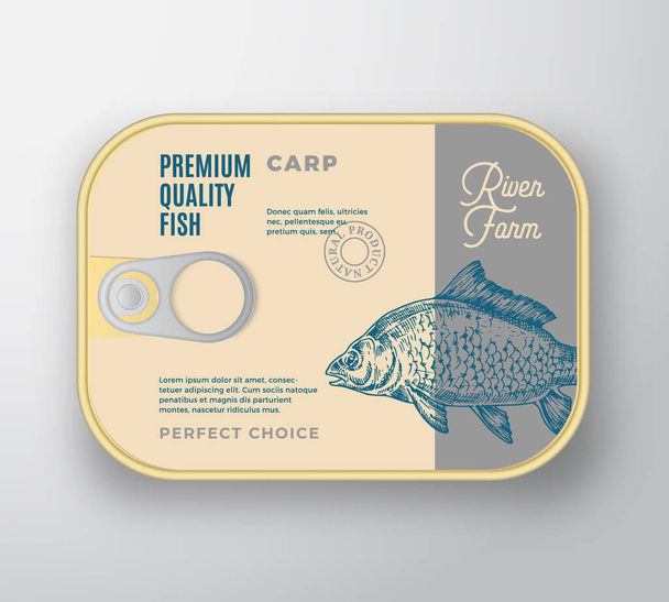 Abstract Vector Fish Aluminium Container with Label Cover. Retro Premium Canned Packaging Design. Modern Typography and Hand Drawn Carp Silhouette Background Layout. - Wektor, obraz