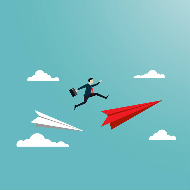 Business people jump over the paper plane - Vector, Image