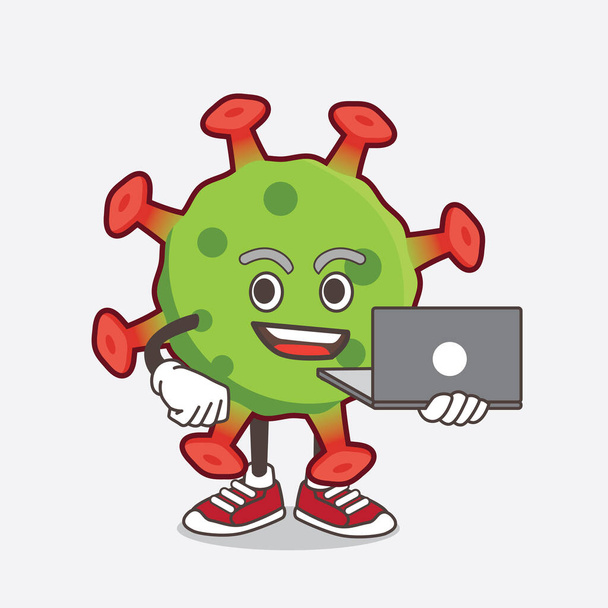 緑のコロナウイルス漫画のマスコットキャラクターのラップトップで作業のイラスト - ベクター画像
