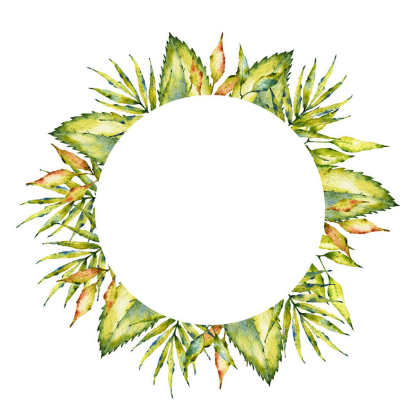 Akvarel letní ilustrace. Rámeček s tropickými listy a květinami. Užitečné pro dekoraci, pozvání, svatební dekorace, vzory, zázemí - Fotografie, Obrázek