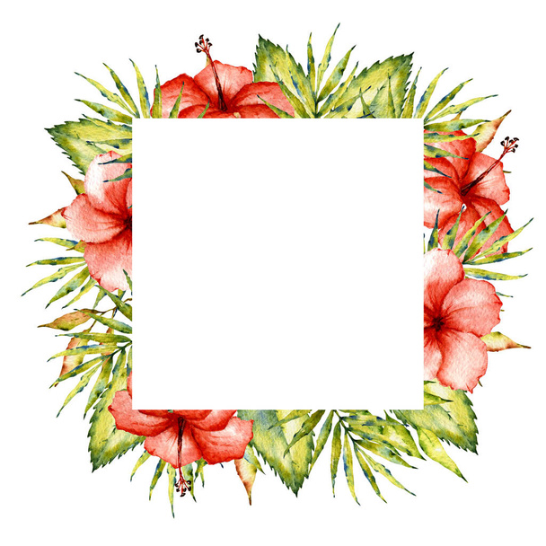 Watercolor summer illustration. Frame with tropical leaves and flowers. Useful for decor, invitation, wedding decoration, patterns, backgrounds - Photo, Image