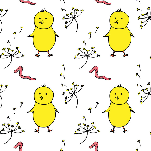 Easter cartoon pattern of chickens and eggs. Vector doodle - Vettoriali, immagini