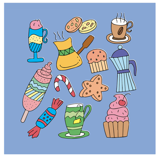 Set on a blue background from several objects - cups with tea and coffee, cake, ice cream, candy. For the design of holiday cards and menus for cafes - Διάνυσμα, εικόνα