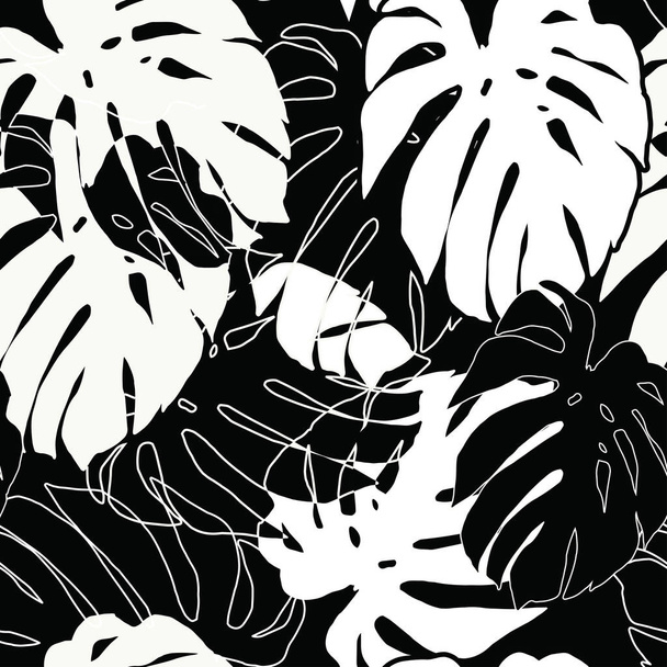 black and white monstera seamless pattern. Tropical leaves pattern - ベクター画像