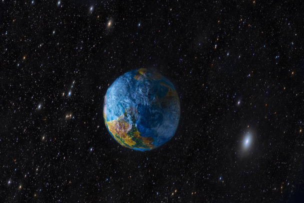 Збільшення, мініатюрна модель планети Змела, на тлі космічного зоряного неба. Мінімалізм. Глибокий космос. Життя на планеті Земля, вид з космосу. Вільне місце - Фото, зображення