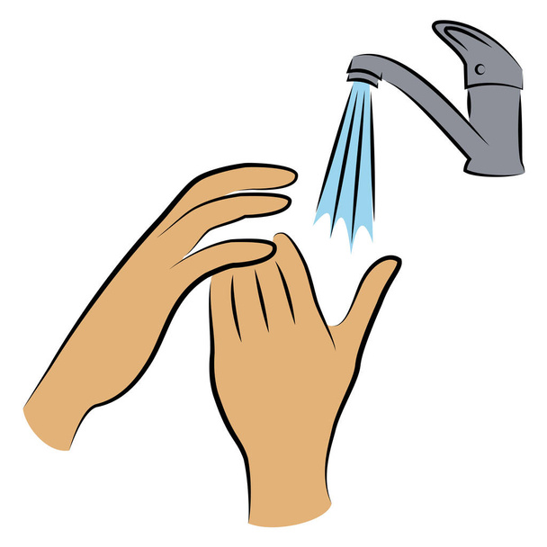 Lávese las manos con agua debajo del grifo. Procedimiento higiénico. prevención de enfermedades, buena para la salud. Ilustración vectorial
 - Vector, Imagen