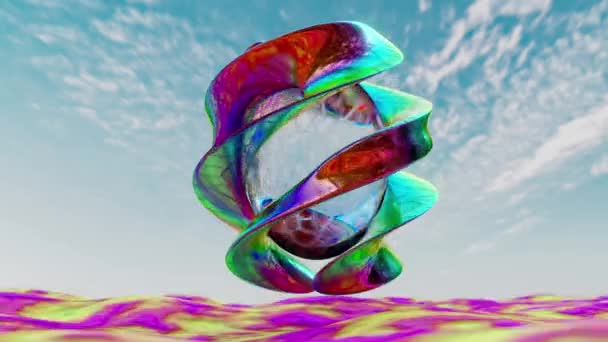 Steil abstraktes Design, futuristisches Glas-Ei-Objekt, um das herum farbige Spermien über den fließenden Ozean vor blauem Himmel mit Wolken schweben, Soft-Fokus 3D-Rendering. - Filmmaterial, Video