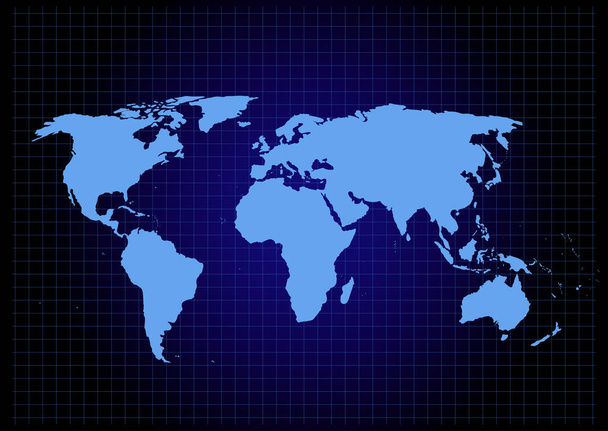 Weltkarten-Vektor, isoliert auf blauem Hintergrund. Flache Erde, Kartenvorlage für Webseitenmuster, Jahresbericht, Inphografien. Weltweit unterwegs, Silhouettenkulisse der Landkarte. - Vektor, Bild