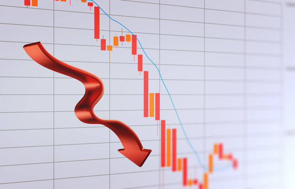 3D Illustration of a Stock Exchange Graph with Arrows Pointing Down, Bear Market, Melt Down, Downtrend, Light Background - Фото, зображення
