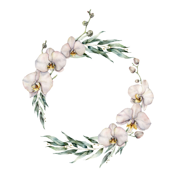 Watercolor orchid and eucalyptus wreath. Hand painted tropical flowers, branches and leaves isolated on white background. Floral illustration for design, print or background. Template for summer card. - Fotó, kép