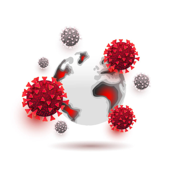 A koronavírus fertőzés kitörése, egy világtérképen terjedt el. Covid 19, koronavírus sejtek izolálva fehér alapon. Minimális transzparens - Vektor, kép