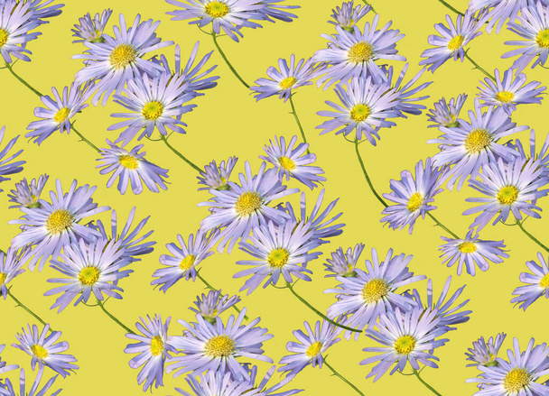 Nahtloses Blumenmuster mit violetten Wildblumen auf gelbem Hintergrund. - Foto, Bild