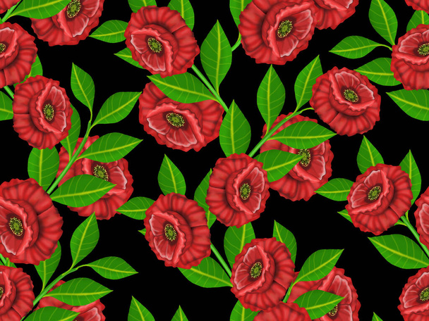 赤花と緑の葉を持つシームレスな花パターン. - 写真・画像
