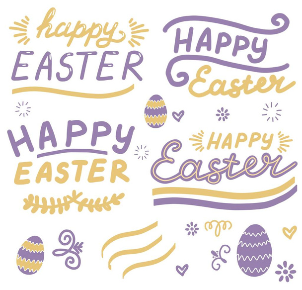 Happy Easter, lettering calligraphy set, colorful isolated handwritten text on white background. Slogans, eggs icons. Template for typography poster, banner,  postcard, flyer, vector eps. - Vektori, kuva