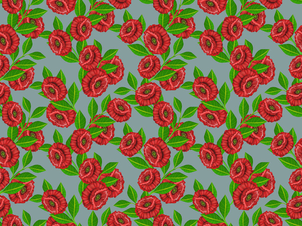 Seamless floral pattern with red flowers and green leaves. - 写真・画像