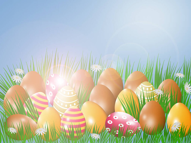 Easter eggs in green grass in the sun. - Zdjęcie, obraz