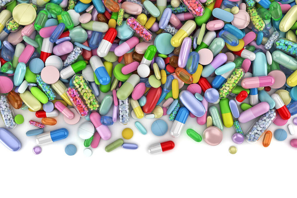 Cuidado de la salud pila temática de píldoras de colores - 3d render
 - Foto, imagen
