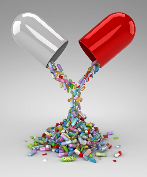 Gran píldora vaciar una pila de píldoras de colores - 3d render
 - Foto, Imagen