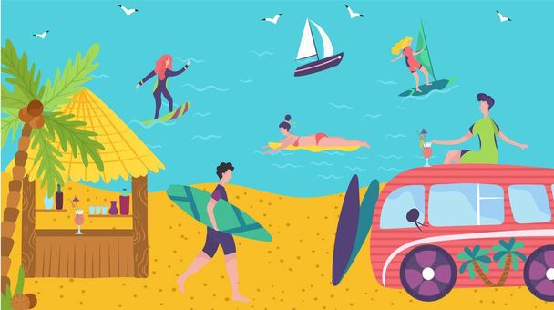 People surfing in ocean, seaside beach summer vacation, bungalow bar with cocktails, vector illustration - Vektor, Bild