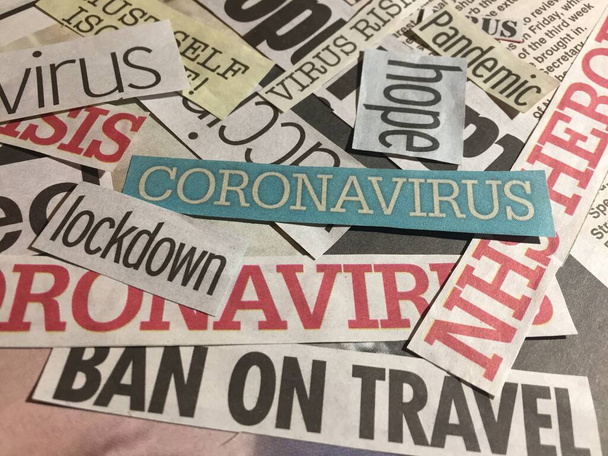Coronavirus otsikot sanomalehdistä UK, media kollaasi käsite paniikkiin aiheuttama Coronavirus pandemia-varastossa valokuva - Valokuva, kuva