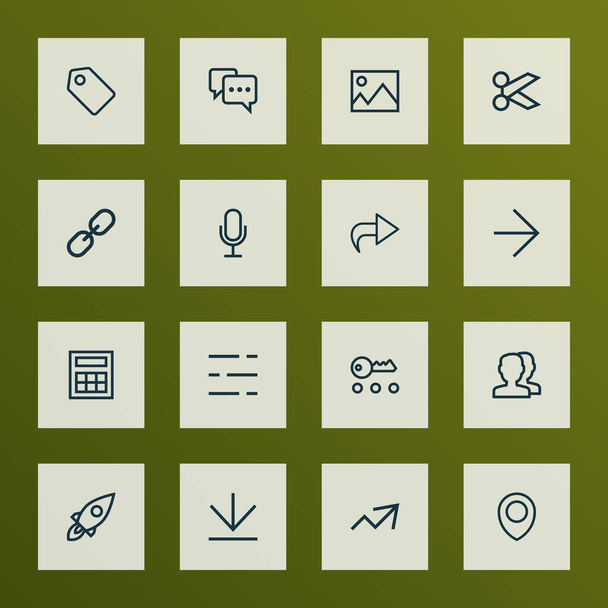 Interfaccia icone stile linea impostato con avanti, nota, microfono e altri elementi di collegamento. Isolate icone dell'interfaccia illustrazione
. - Foto, immagini