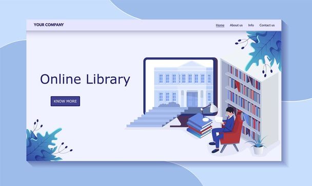 Online library concept, man in book depository, reading book, vector illustration. Contact us, info, about us, home, more button. - Vector, Image