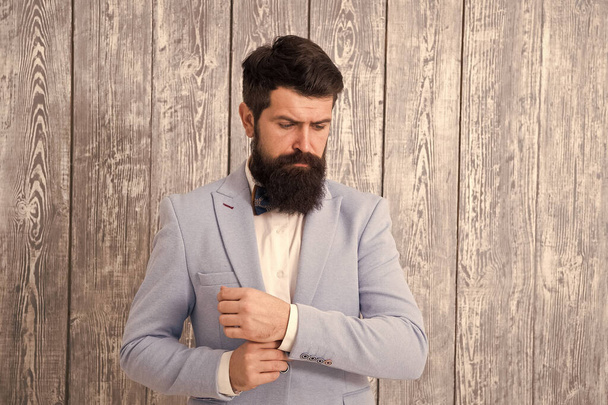 Barber shop concept. Beard and mustache. Guy well groomed handsome bearded hipster wear tuxedo. Romantic wedding outfit. Gentleman style barber. Barber shop offer range of packages for groom - Photo, Image