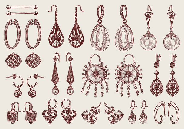 Womens jewelry earrings. Vintage handmade decorations. Retro products set. Antique Vintage gold fancy articles or bijouterie. Engraved monochrome elements. Hand drawn sketch. Vector illustration. - Vector, Image