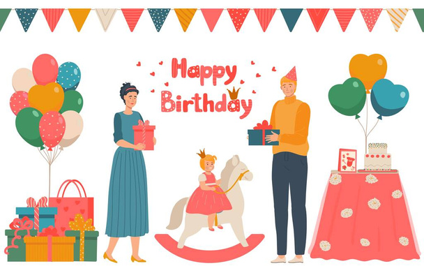 幸せな誕生日、キャラクター男性、女性はおもちゃの馬の上にプレゼントの小さな王女を与え、素敵な家族は誕生日を祝う、フラットベクトルイラスト. - ベクター画像