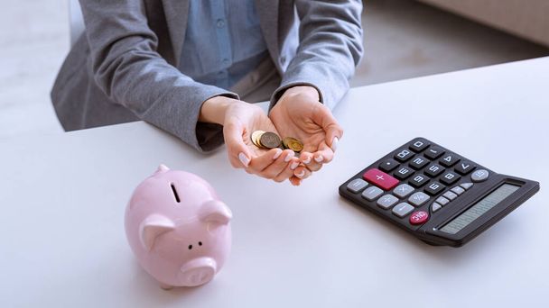 Coins in girl hands, near piggy bank and calculator - Photo, Image