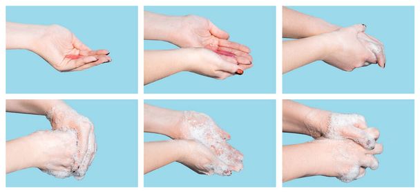 手洗いのためのステップバイステップの指示。コロナウイルス対策。女性は石鹸で手を洗い消毒します。個人の衛生と医療. - 写真・画像