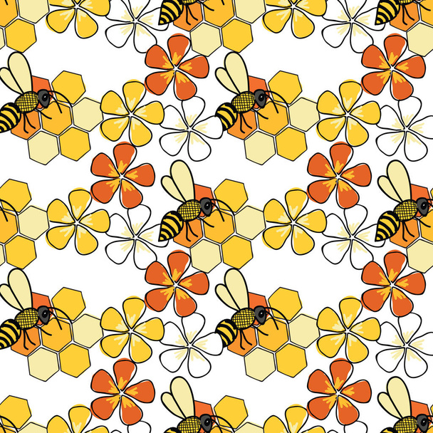 Bees and flowers and honeycomb seamless pattern Vector on orange background. - Vector, Image