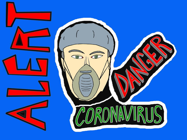 Иллюстрация лица человека в маске и медицинской шапке, чтобы защитить себя от коронавируса. Синий фон. Тревога
. - Фото, изображение