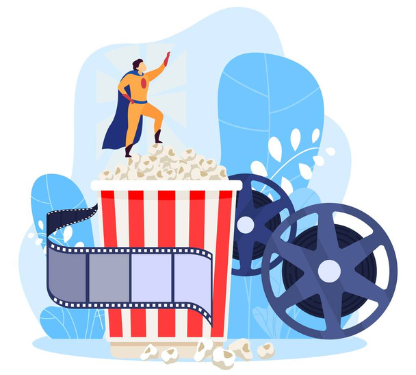 Character male superhero stand in popcorn box, cinema concept, isolated on white, flat vector illustration. Design for website and banner. - Vector, Image