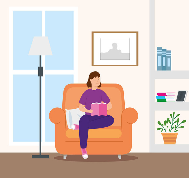 εκστρατεία διαμονή στο σπίτι με τη γυναίκα στο σαλόνι ανάγνωση βιβλίο - Διάνυσμα, εικόνα