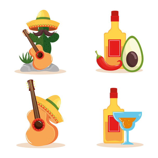 Meksykański kaktus gitara kapelusz tequila butelka chili awokado i koktajl wektor projekt - Wektor, obraz