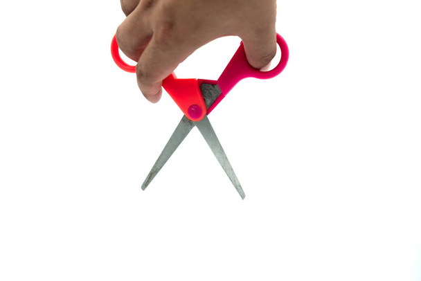 Hand holding pink scissors isolated on white background - Photo, Image