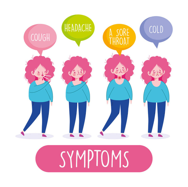 covid 19 coronavirus infografica, sintomi della donna tosse mal di testa mal di gola e raffreddore
 - Vettoriali, immagini