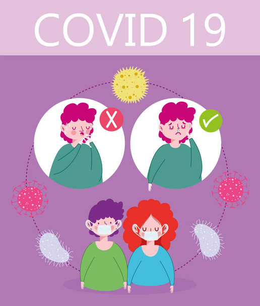 covid 19 coronavírus infográfico, pessoas sintomas e prevenção com máscaras médicas
 - Vetor, Imagem