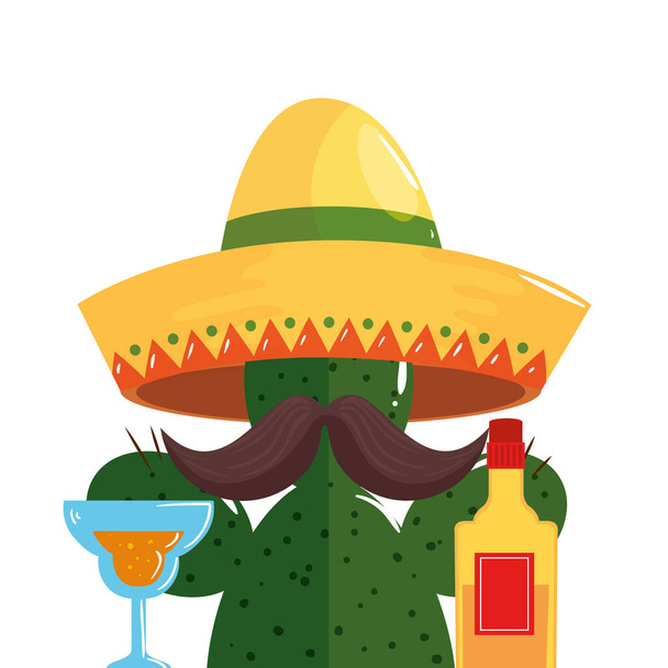 Mexican cactus with mustache hat cocktail and tequila bottle vector design - Vector, imagen