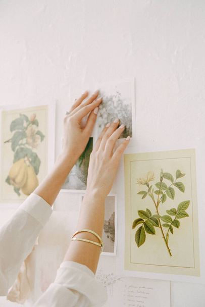Montage einer Stimmungstafel mit botanischen Bildern an der Wand - Foto, Bild