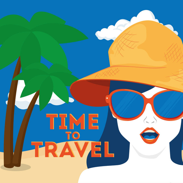 Плакат путешествия во времени с женщиной и пальмами на деревьях
 - Вектор,изображение