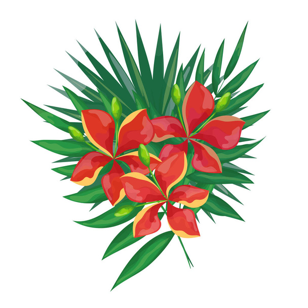 Bouquet of exotic flowers and leaves. Tropical elements for design. Isolated vector illustration on a white background. - Vector, Image